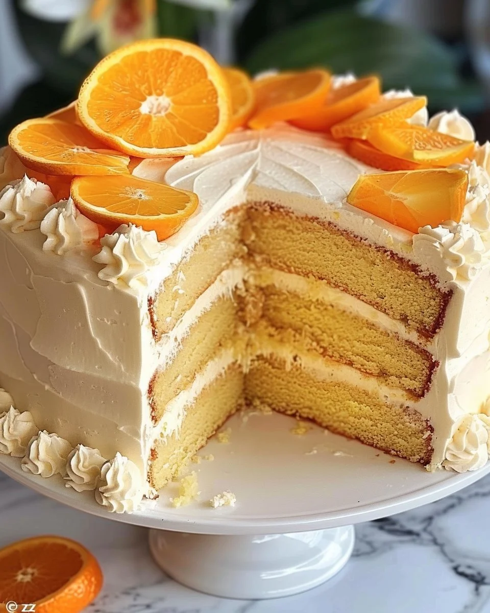 Delicious Orange Creamsicle Cake topped with creamy frosting and orange slices