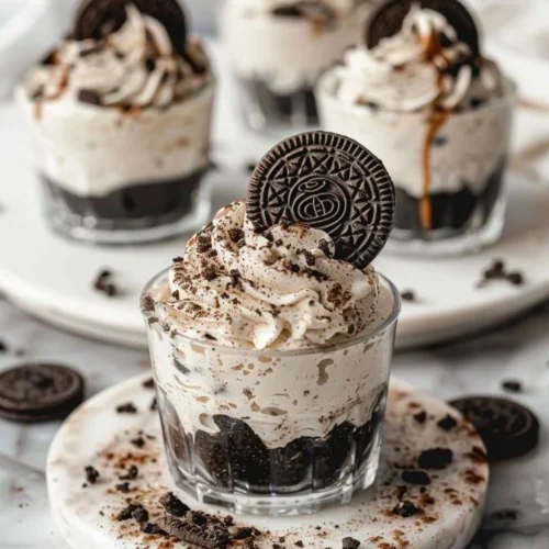 Delicious Oreo no-bake cheesecake cups topped with Oreo crumbles.
