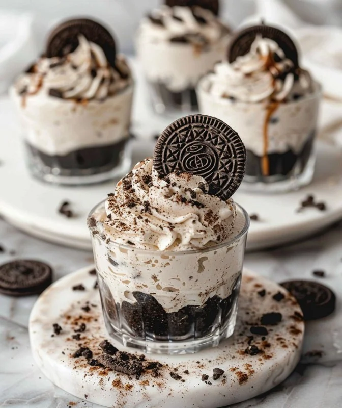 Delicious Oreo no-bake cheesecake cups topped with Oreo crumbles.