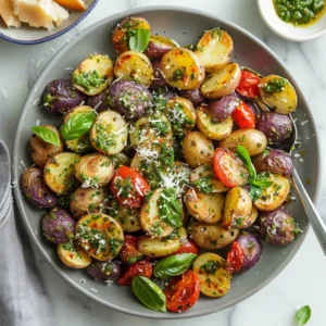 Delicious Parmesan pesto roasted potatoes served as a side dish
