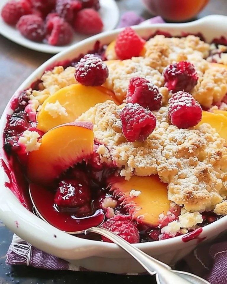 Peach Cobbler with Raspberries made with 5 easy ingredients