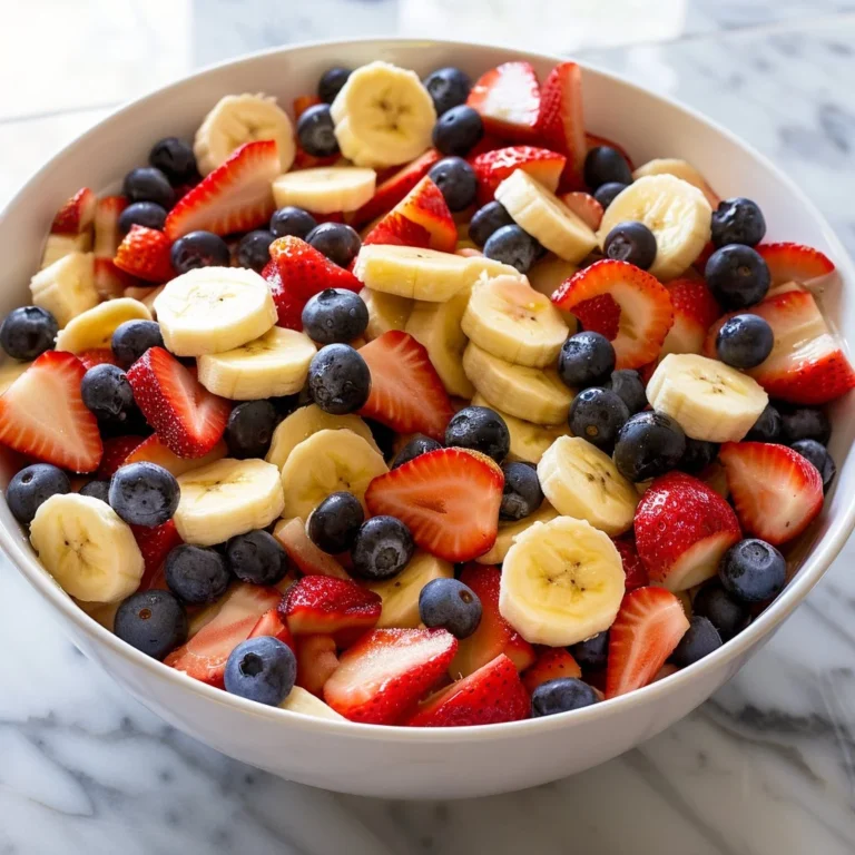 Red White and Blue Fruit Salad in a bowl, easy no-bake recipe