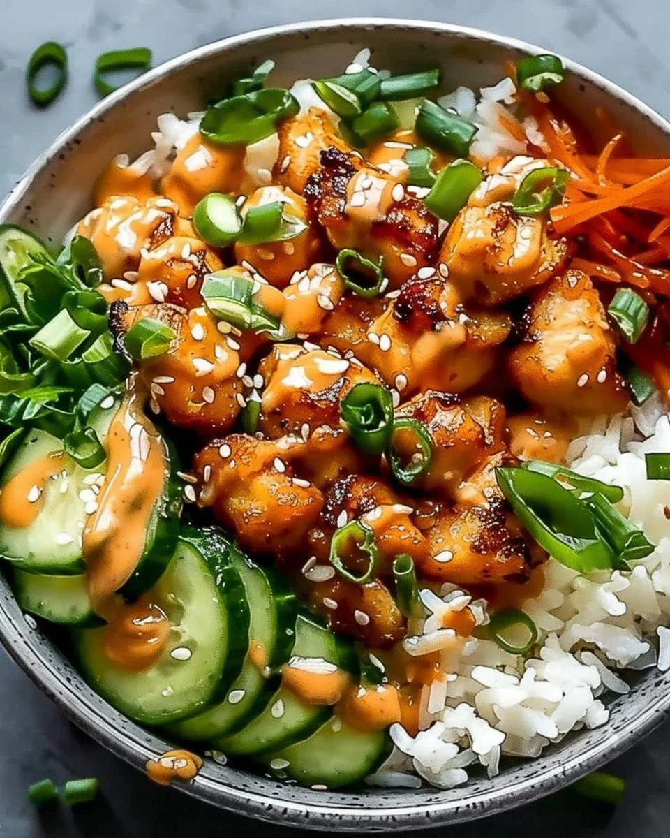 Bang Bang Chicken Bowl topped with fresh ingredients and a spicy sauce