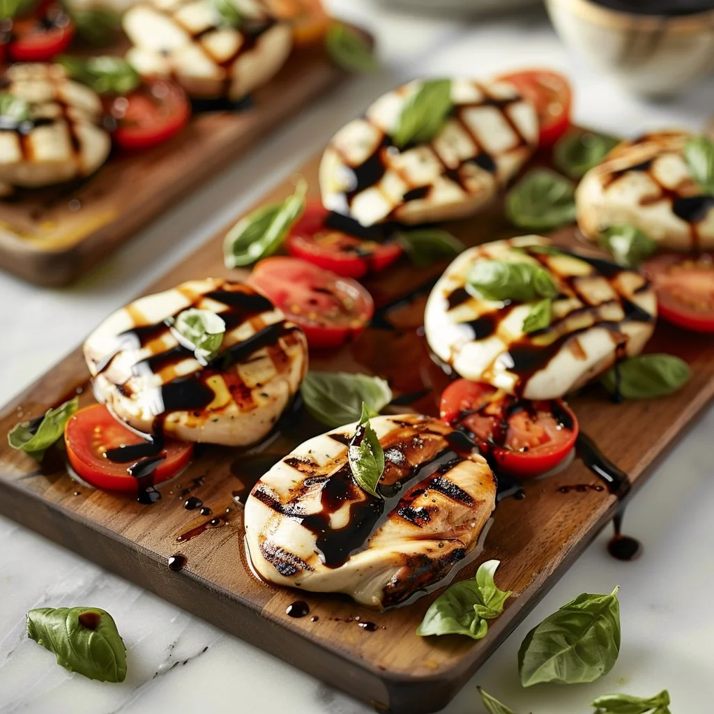 Delicious grilled chicken caprese with fresh mozzarella, tomatoes, and basil.