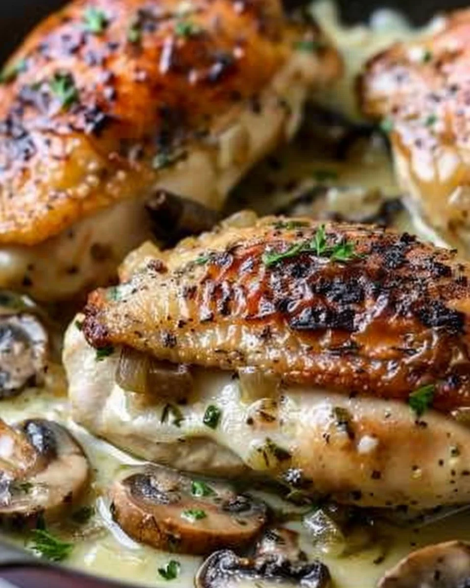 Skillet Chicken Recipes | Easy mushroom garlic chicken, Cheesy garlic mushroom stuffed chicken, Garlic butter mushroom stuffed chicken