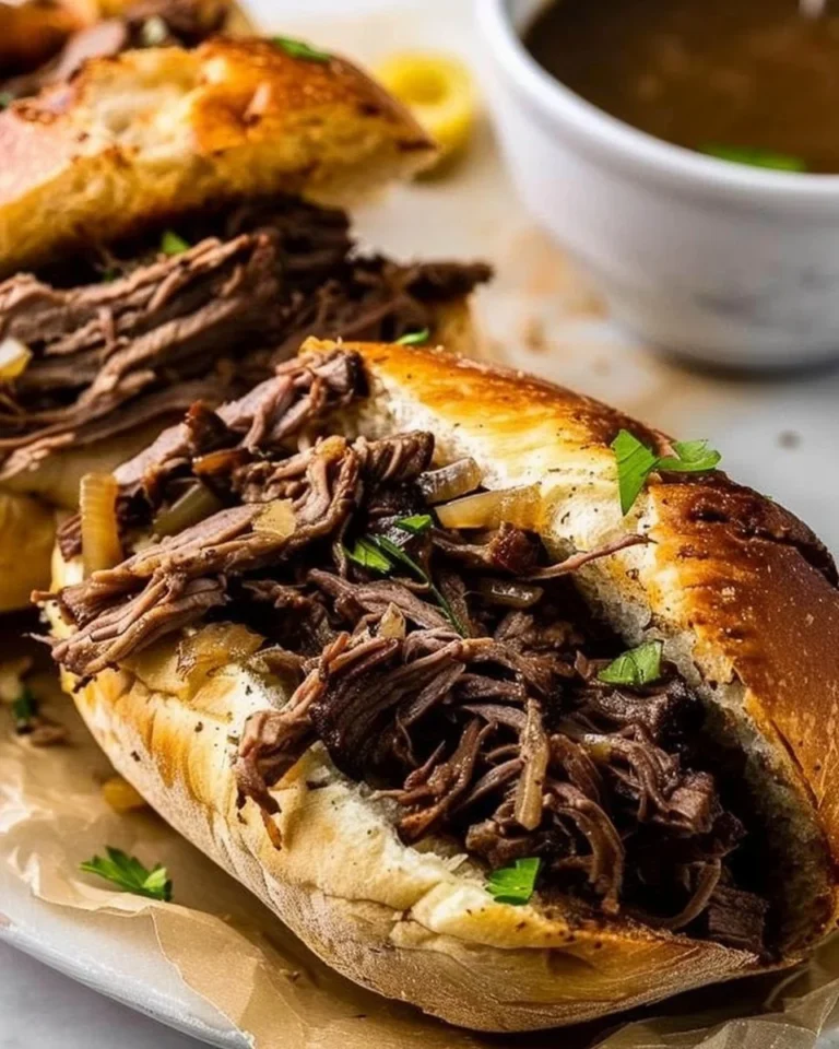 Slow Cooker Italian Beef Sandwiches served on a plate with garnishes