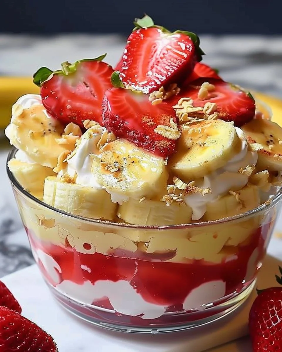 Delicious strawberry banana pudding served in a glass with fresh strawberries and bananas