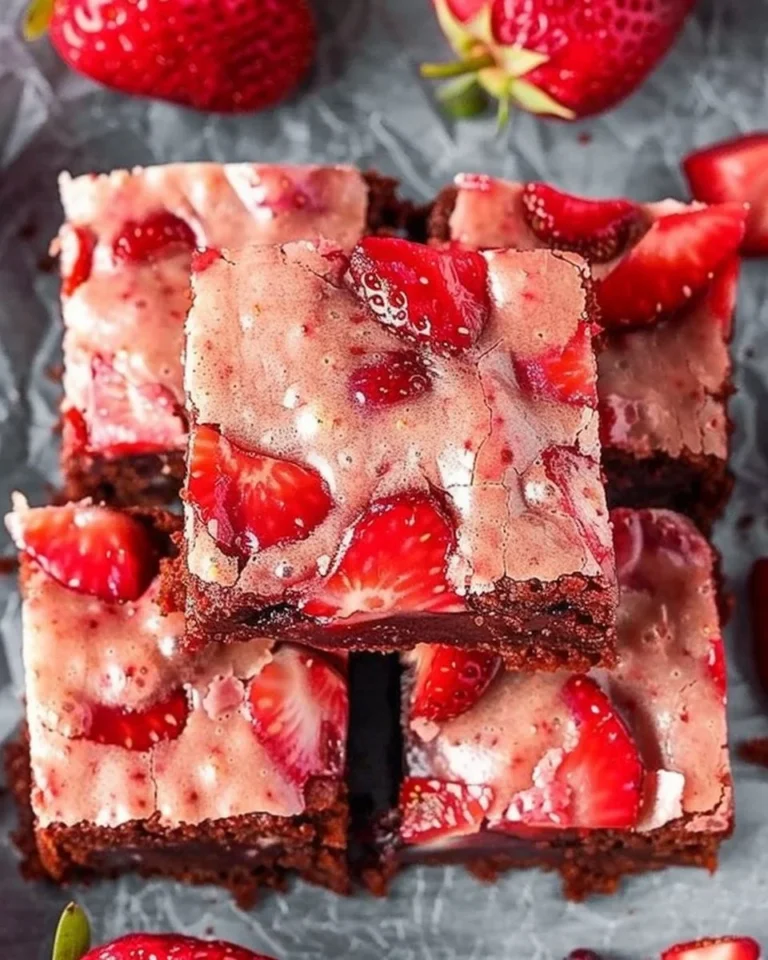 Delicious strawberry brownies made with cake mix and topped with fresh strawberries