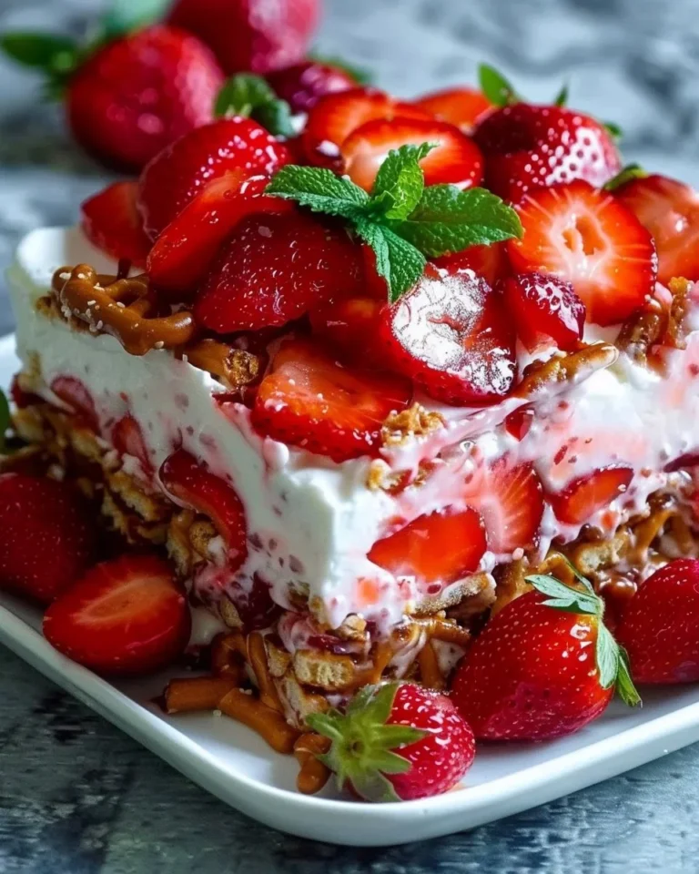 Delicious Strawberry Pretzel Salad with creamy filling and pretzel crust