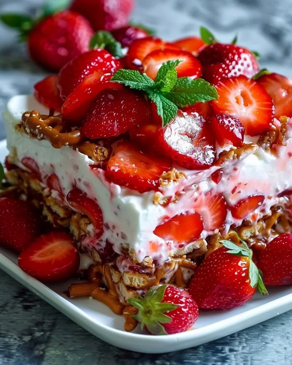 Delicious Strawberry Pretzel Salad with creamy filling and pretzel crust