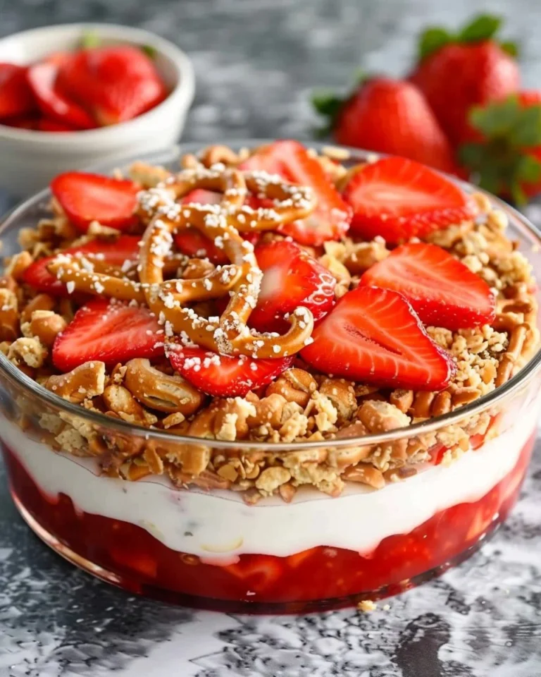 Delicious Strawberry Pretzel Salad recipe by Pioneer Woman with strawberries and pretzels.