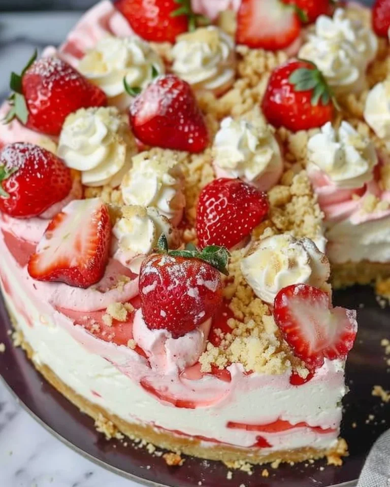 Delicious strawberry shortcake cheesecake topped with fresh strawberries