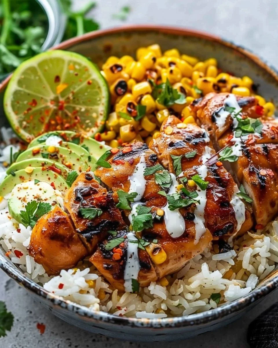 Delicious Street Corn Chicken Rice Bowl garnished with fresh ingredients
