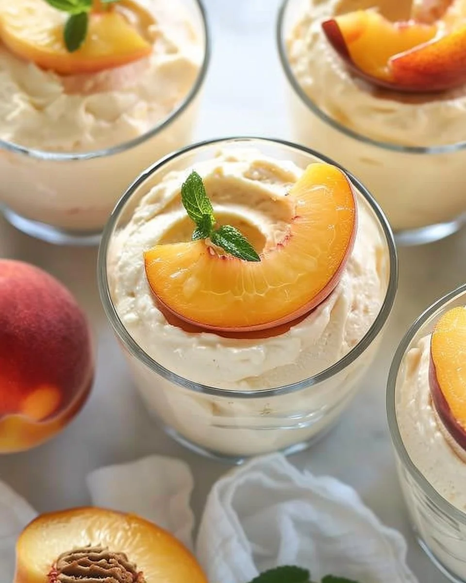 Summer peach mousse trifle dessert with fresh peaches and creamy layers