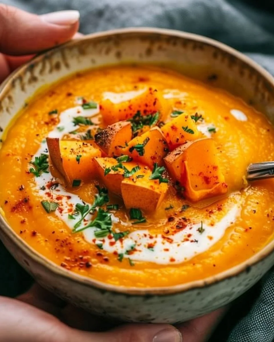 Bowl of sweet potato and apple soup garnished with herbs