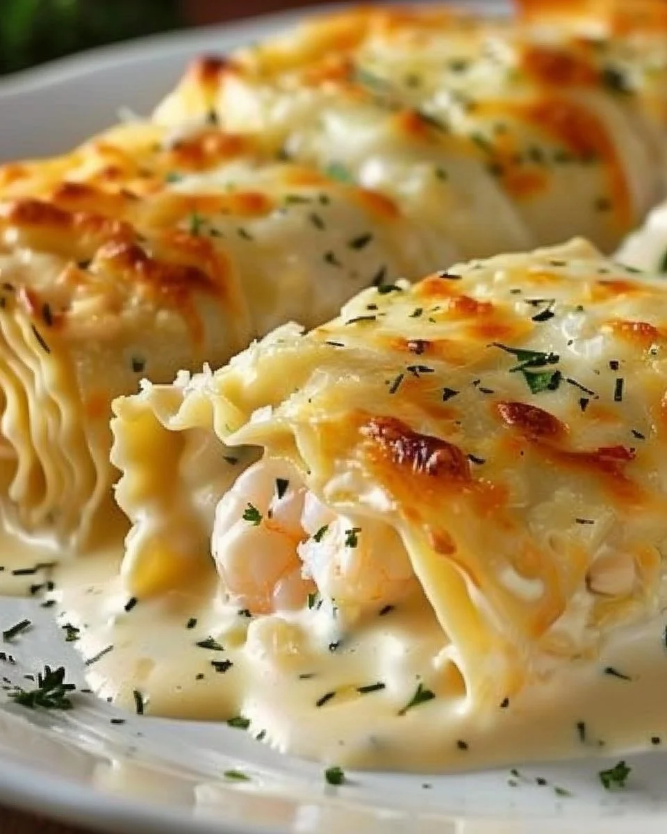 Delicious Shrimp Crab Alfredo Lasagna Roll-Ups on a plate, ready to be served.
