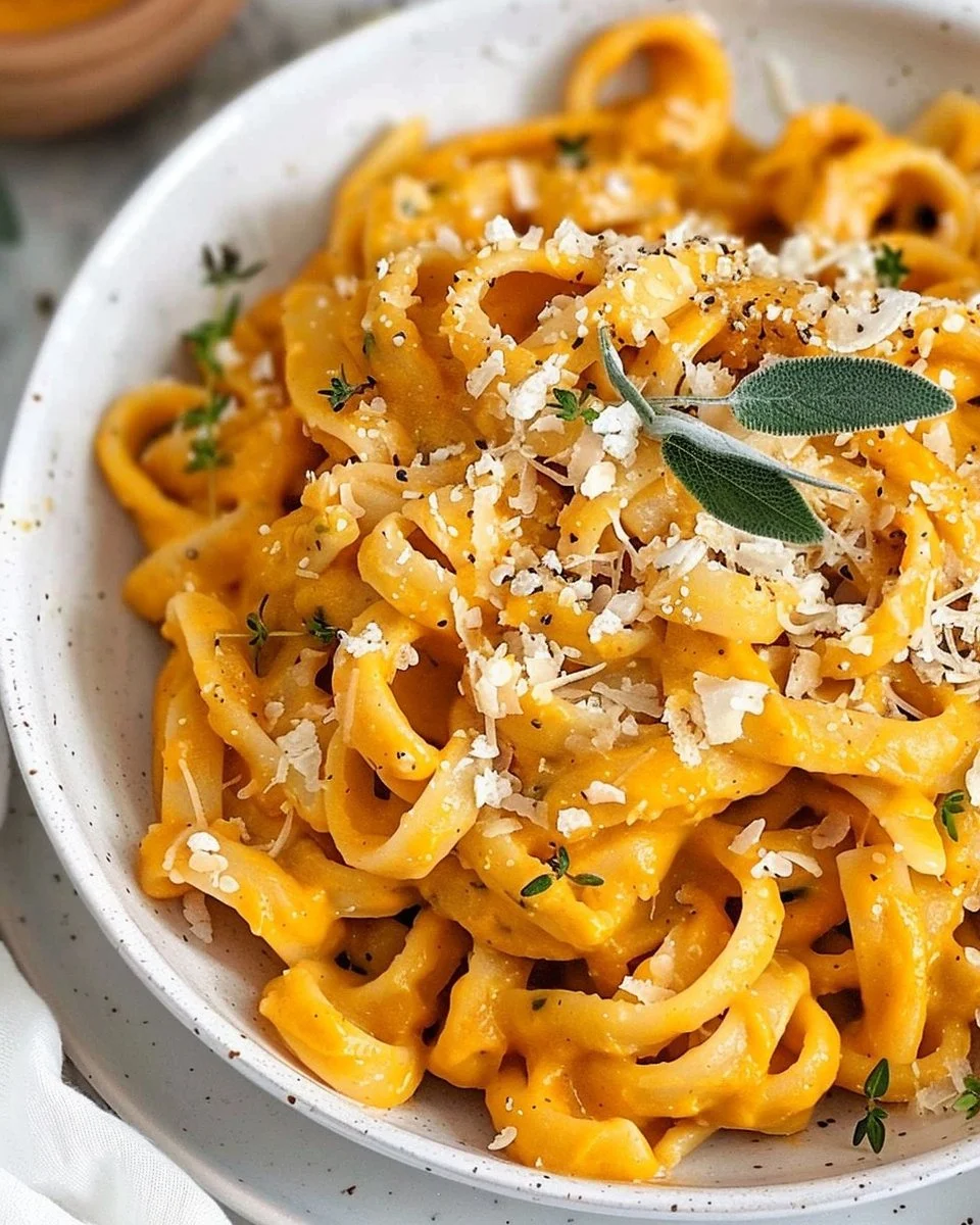 Delicious bowl of Vegan Pumpkin Pasta with herbs and spices
