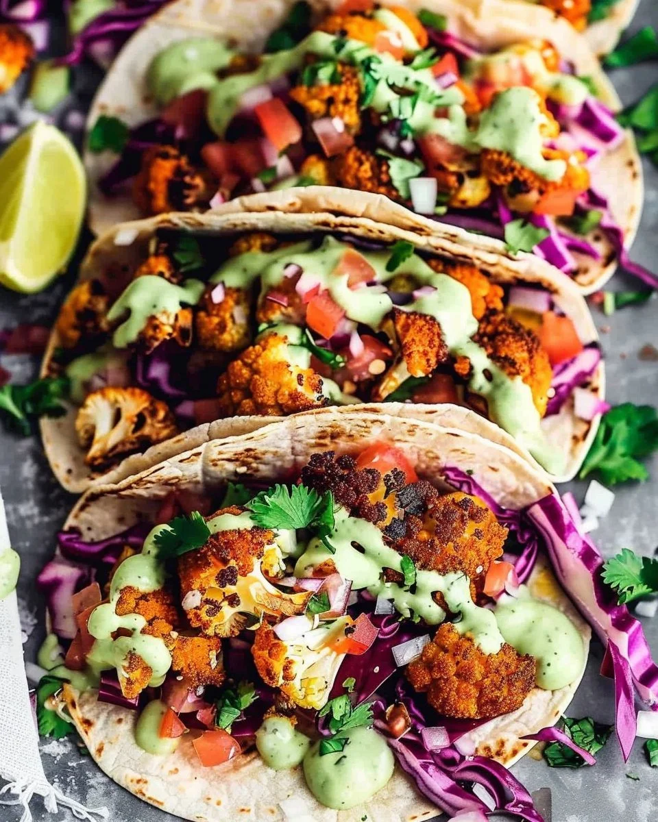 Vegan roasted cauliflower tacos served with fresh toppings and vibrant toppings