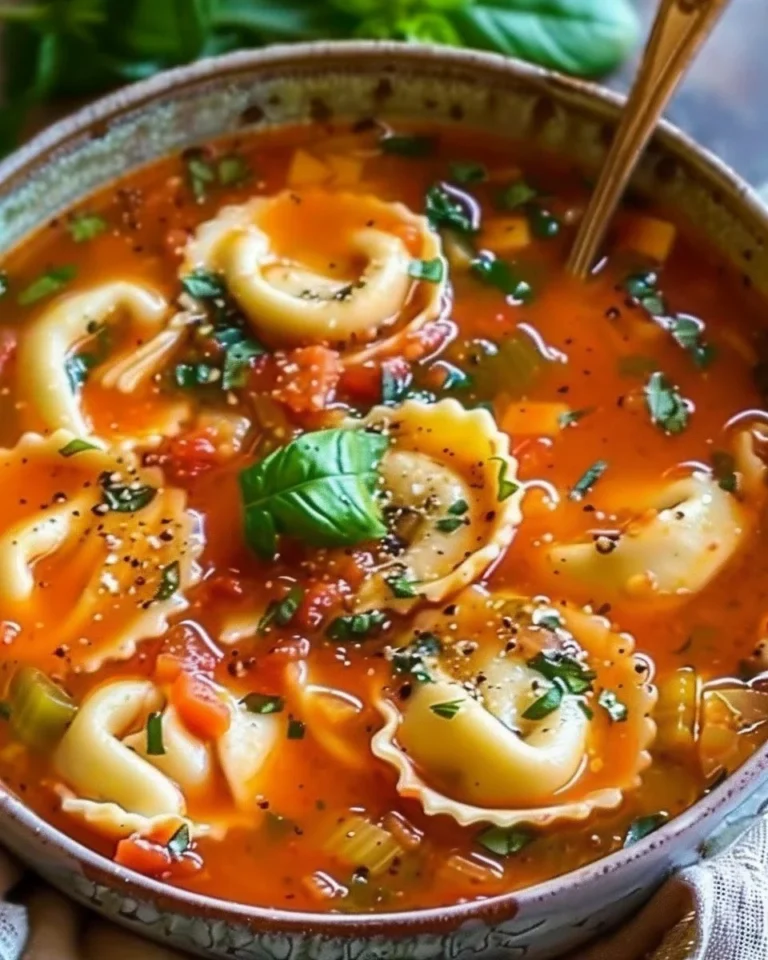 Bowl of rich vegetarian tortellini soup with colorful vegetables and herbs