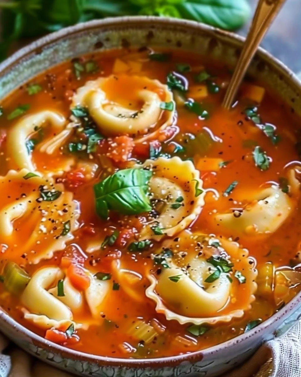 Bowl of rich vegetarian tortellini soup with colorful vegetables and herbs