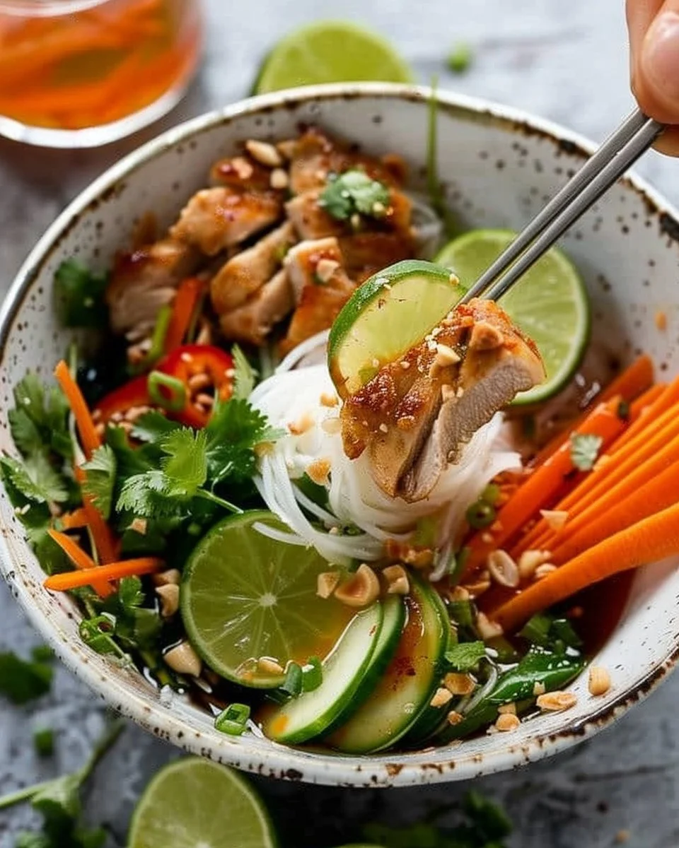 Delicious Vietnamese noodle bowl with lemongrass chicken served in 20 minutes