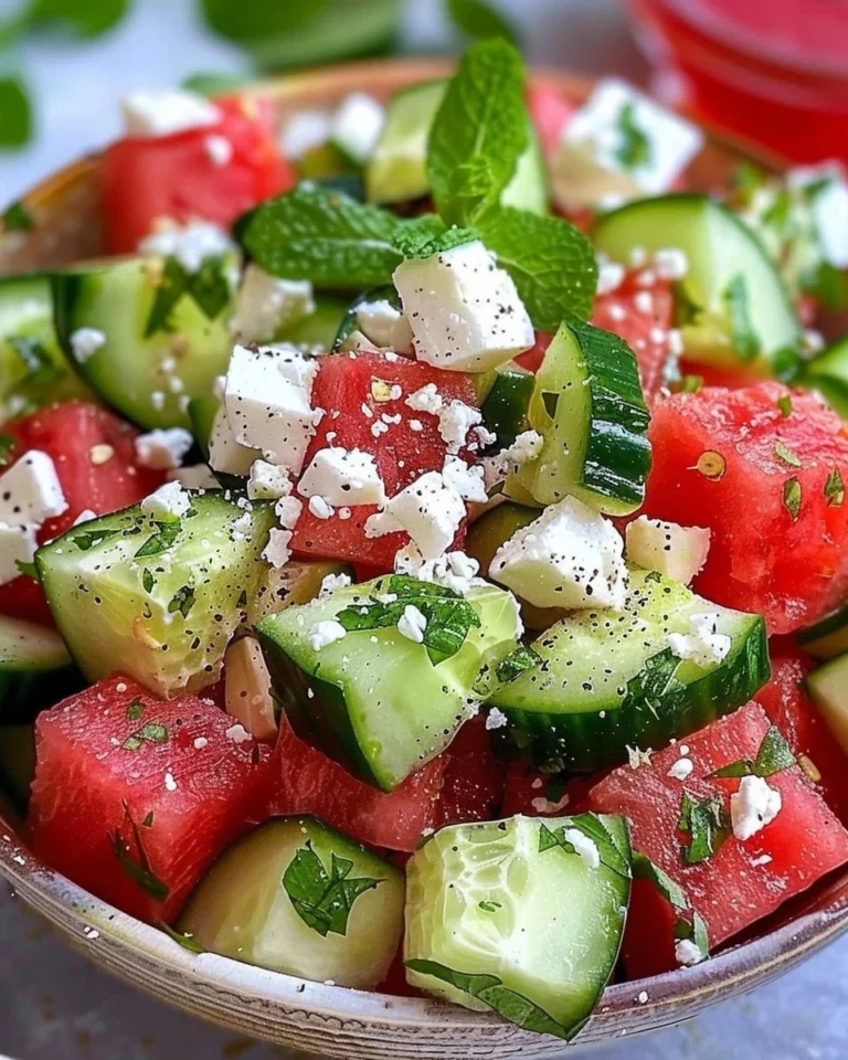 Colorful Watermelon Cucumber Feta Salad in a bowl garnished with mint leaves.