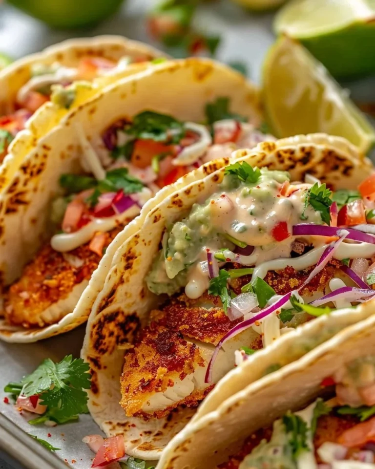 Plate of crispy air-fried fish tacos with vibrant toppings and fresh ingredients.