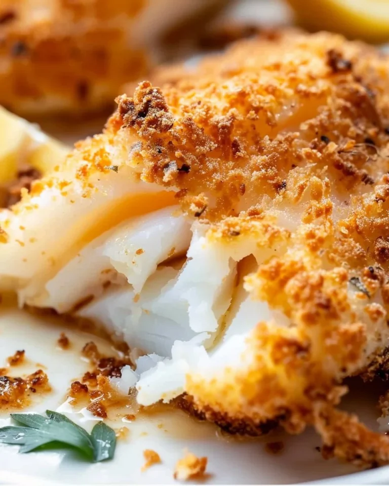 Plate of crispy air fryer breaded cod with lemon wedges and herbs