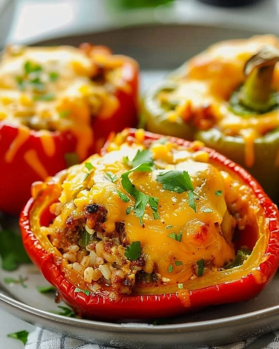 Air Fryer stuffed peppers filled with rice, ground meat, and veggies.
