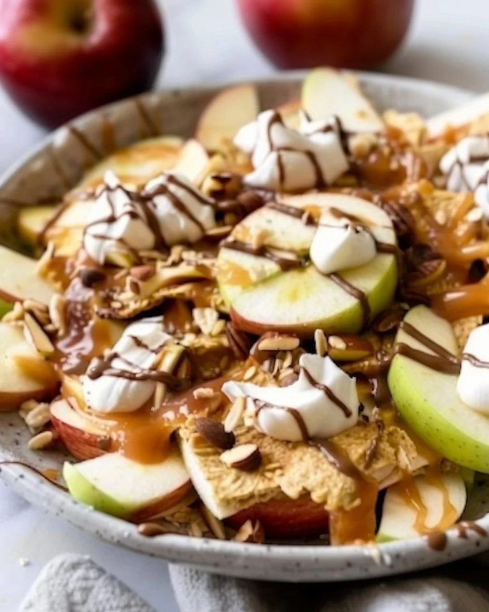 Delicious apple nachos topped with chocolate and nuts for a healthy vegan snack.