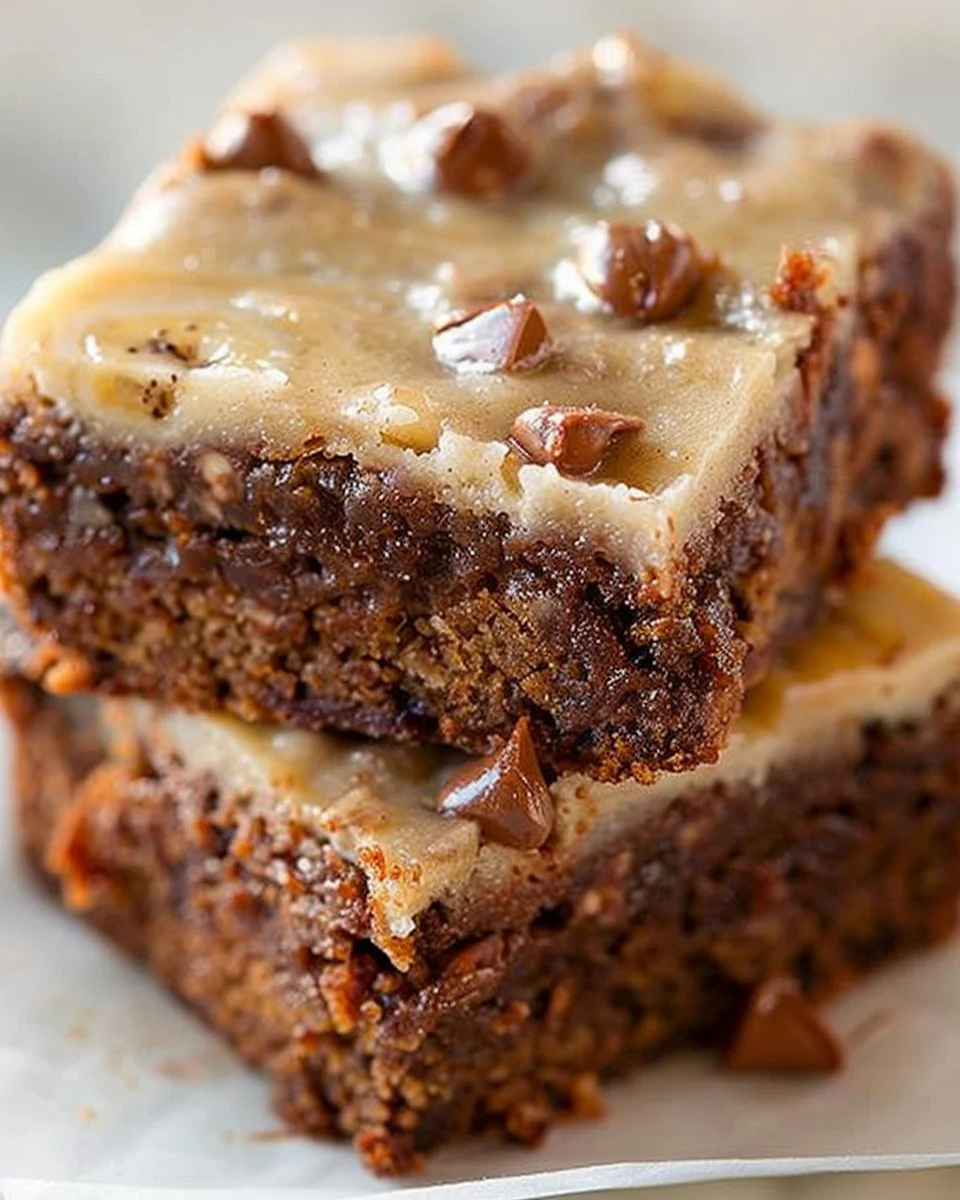 Delicious banana bread brownies topped with chocolate drizzles on a baking sheet.