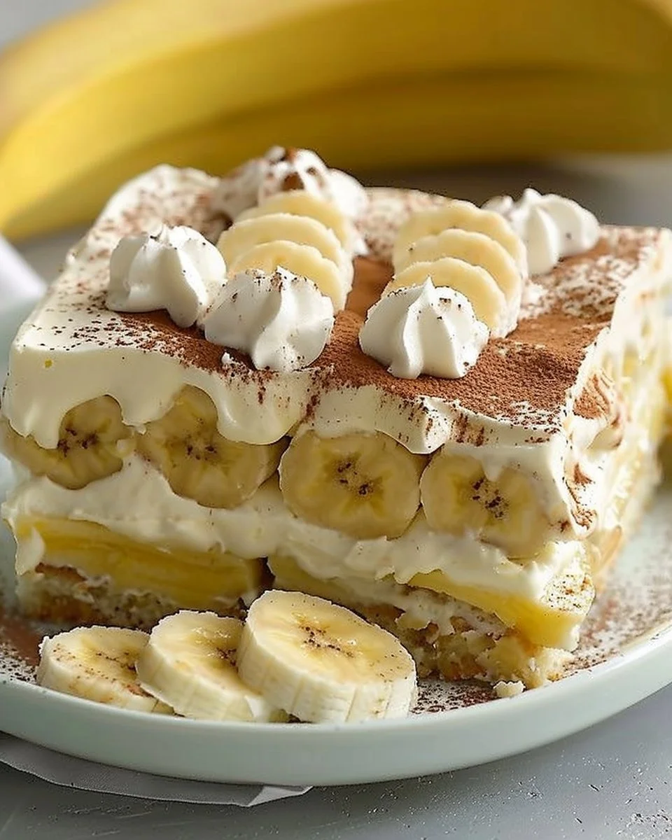 Delicious Banana Tiramisu dessert with layers of banana and cream