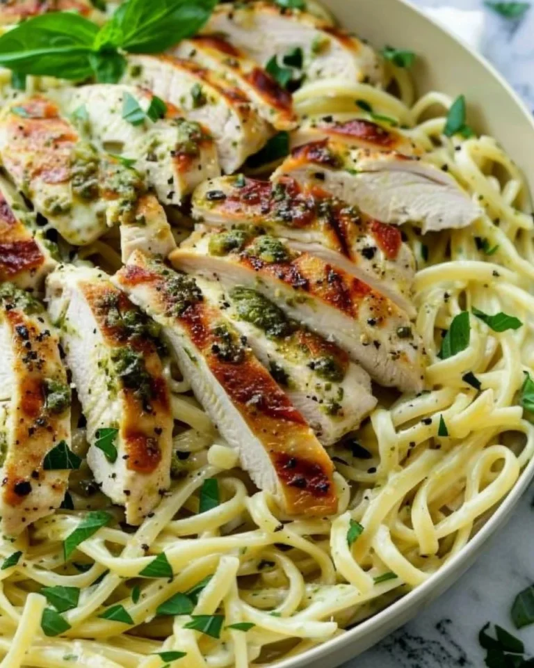 Basil Pesto Chicken Alfredo served in a creamy sauce with pasta and basil garnish