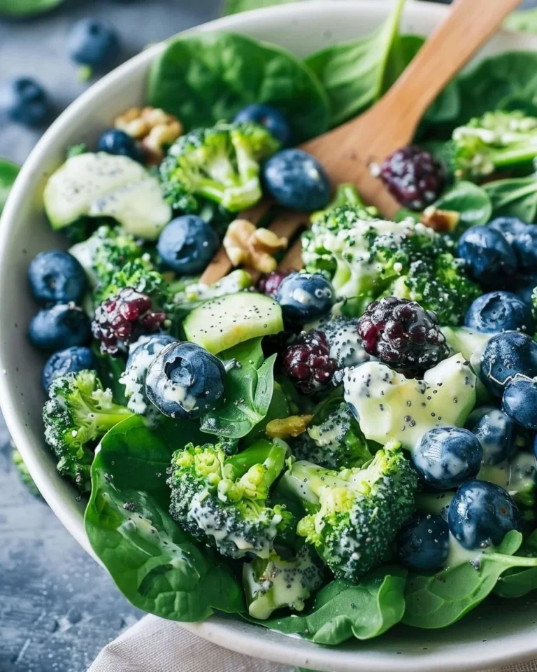 Blueberry Broccoli Spinach Salad topped with Poppyseed Ranch dressing
