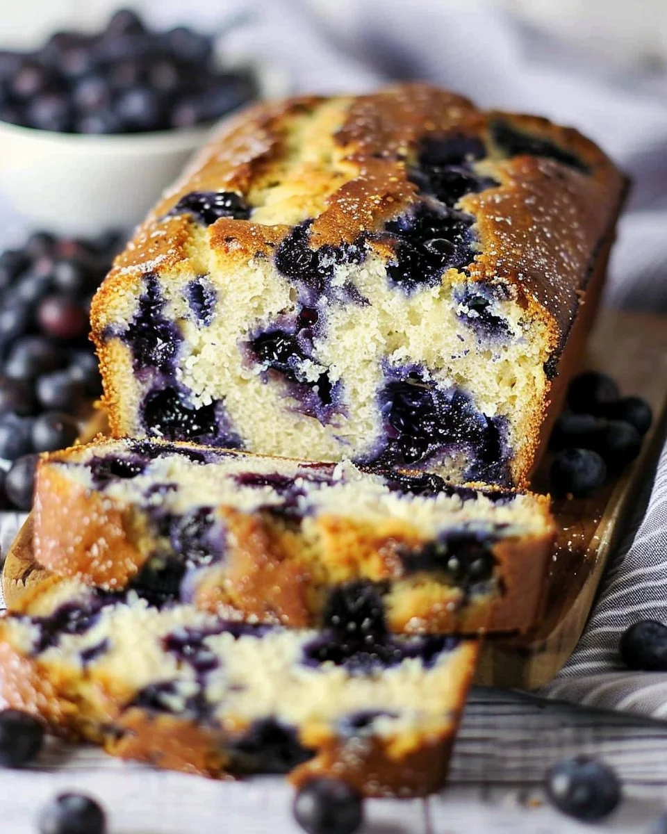Freshly baked blueberry muffin bread with blueberries and golden crust