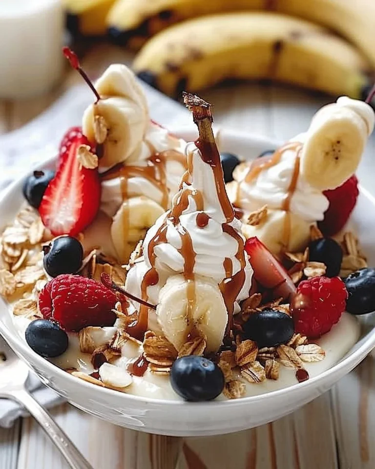 Delicious breakfast banana split topped with fruits and yogurt