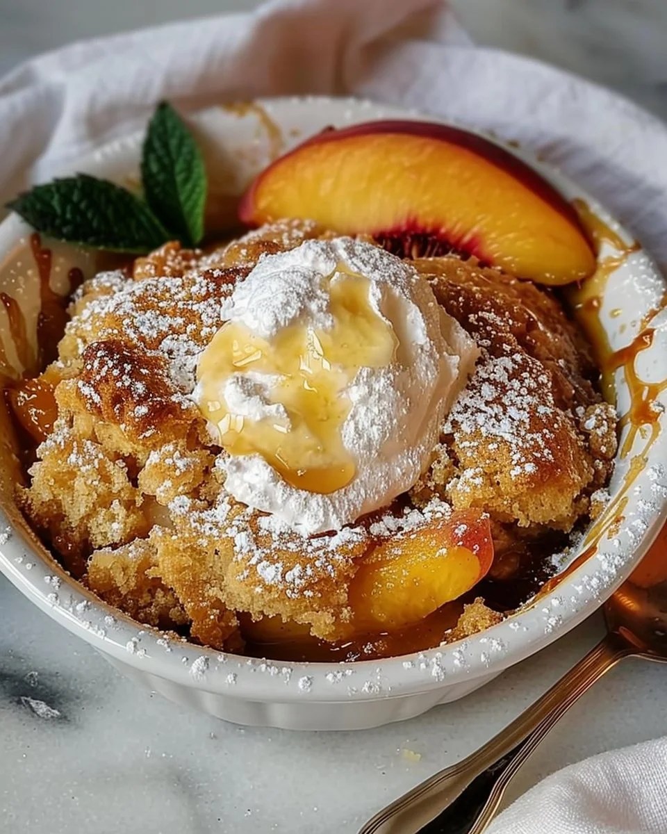 Delicious brown butter peach cobbler served warm with a scoop of vanilla ice cream.