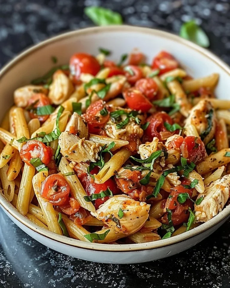 Plate of Bruschetta Chicken Pasta topped with fresh basil and tomatoes