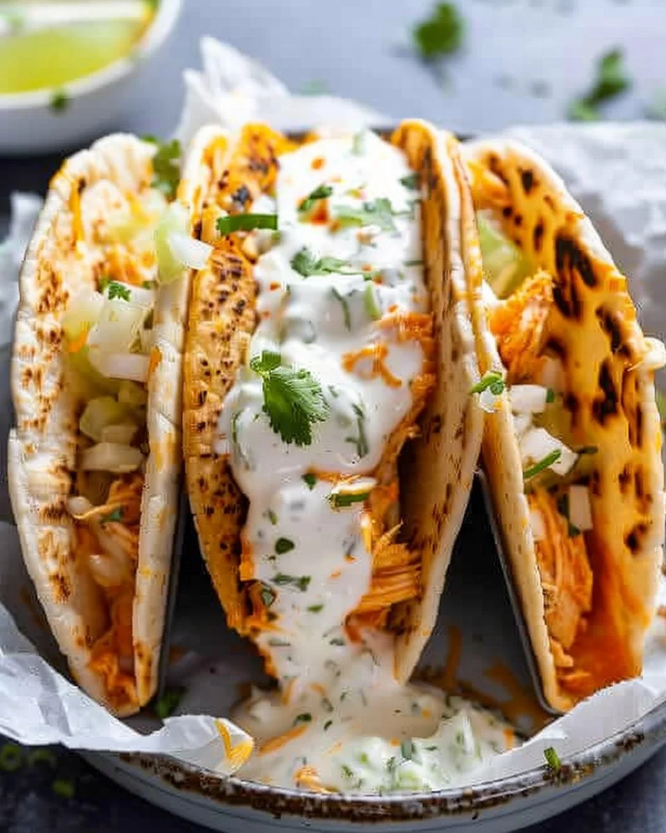 Delicious Buffalo Chicken Taco topped with fresh vegetables and creamy dressing