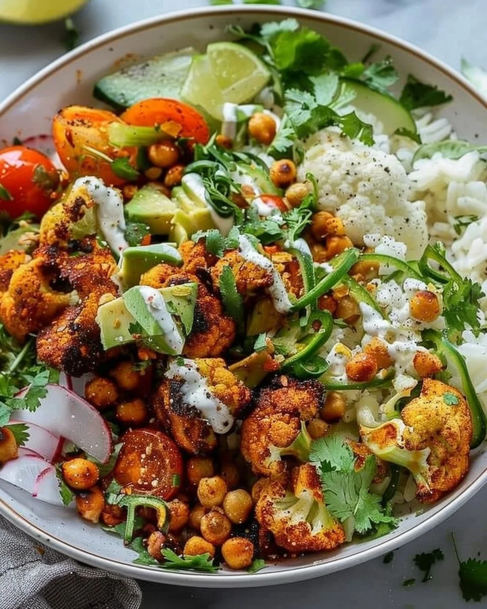 Bowl of cauliflower shawarma topped with fresh vegetables and sauces