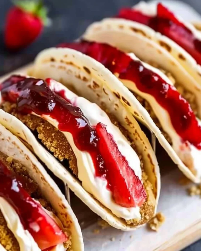 Delicious cheesecake tacos filled with creamy cheesecake filling and topped with fruit.