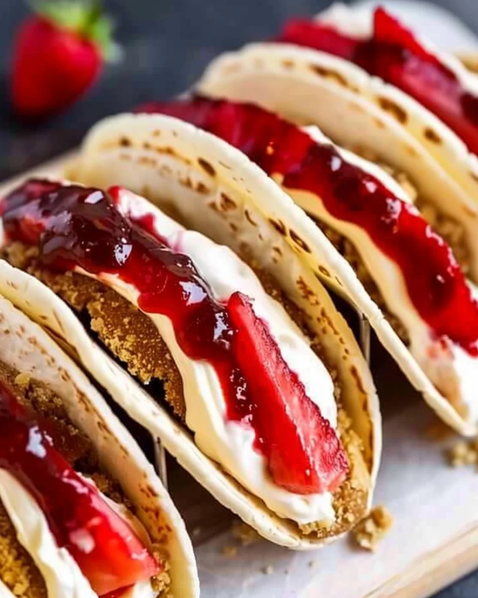 Delicious cheesecake tacos filled with creamy cheesecake filling and topped with fruit.