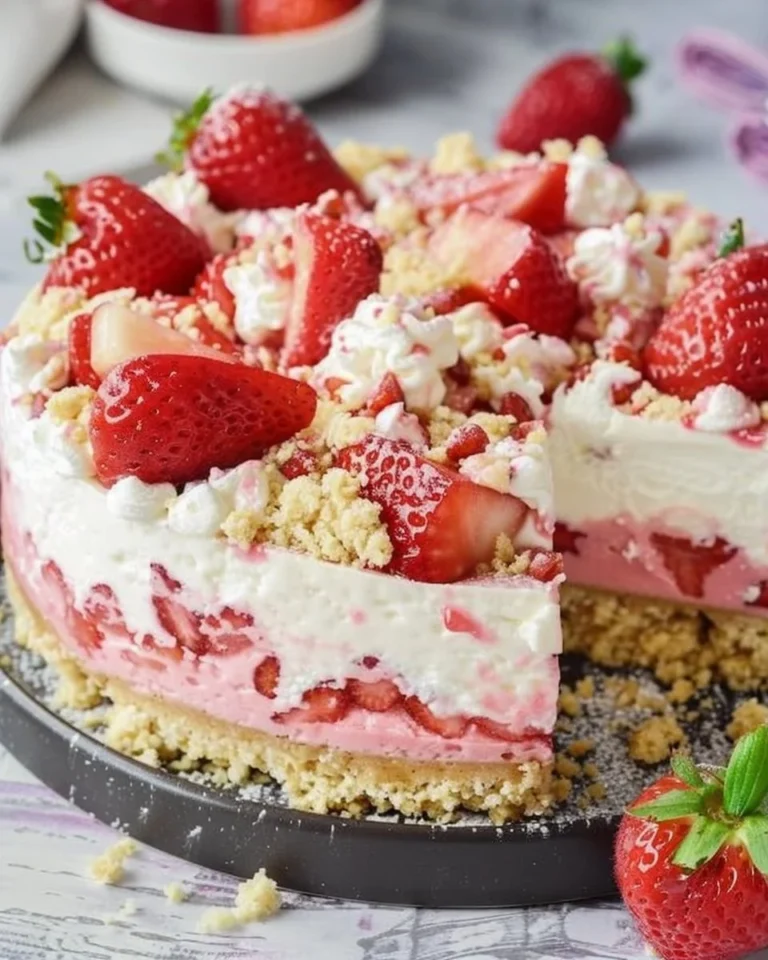 Strawberry shortcake cheesecake topped with fresh strawberries and whipped cream