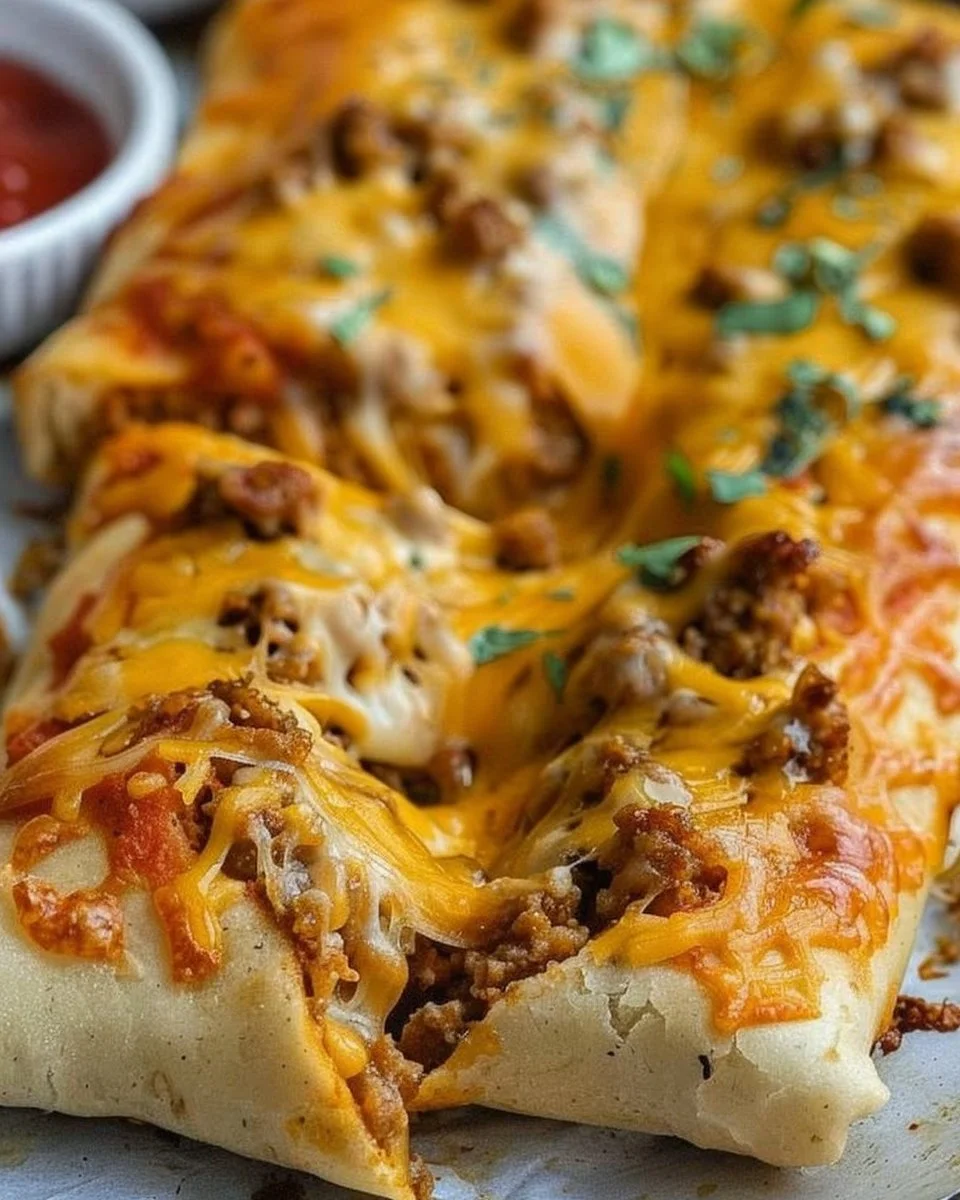 Cheesy taco sticks served with dipping sauce on a plate