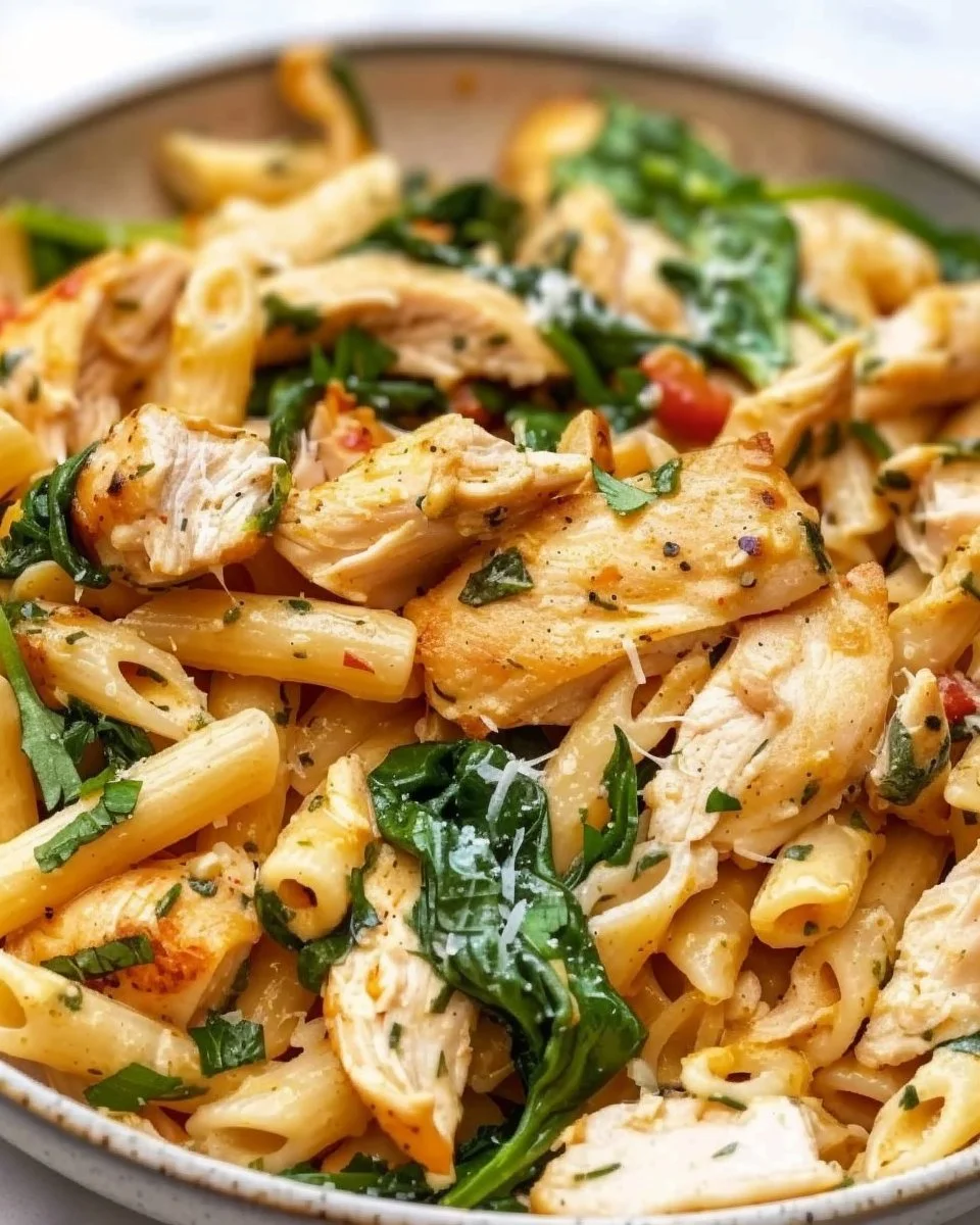 Delicious Chicken Spinach Pasta dish served with fresh ingredients