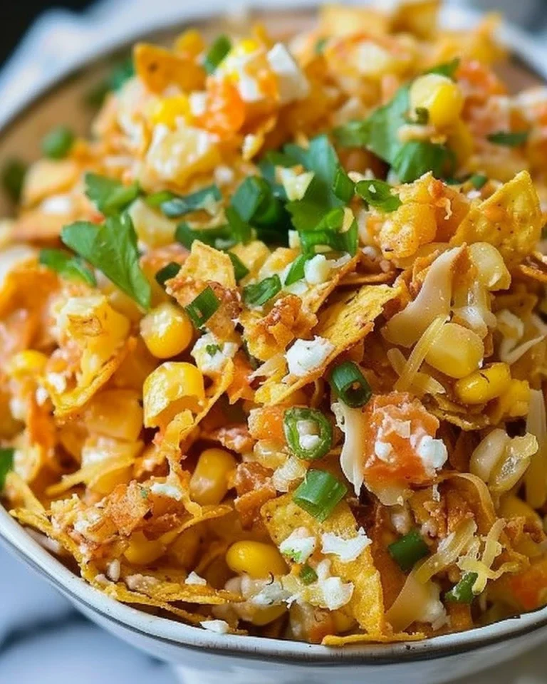 Corn Salad with Fritos served in a bowl, garnished with fresh herbs.