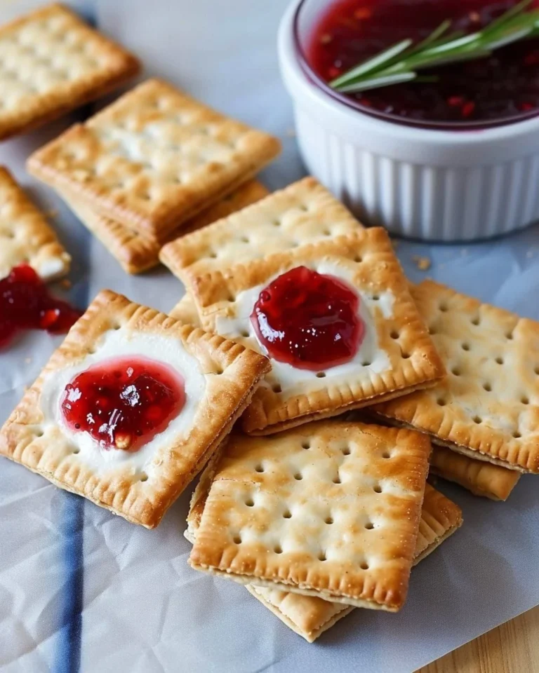 Cream cheese and jam crackers arranged on a platter for a tasty snack.