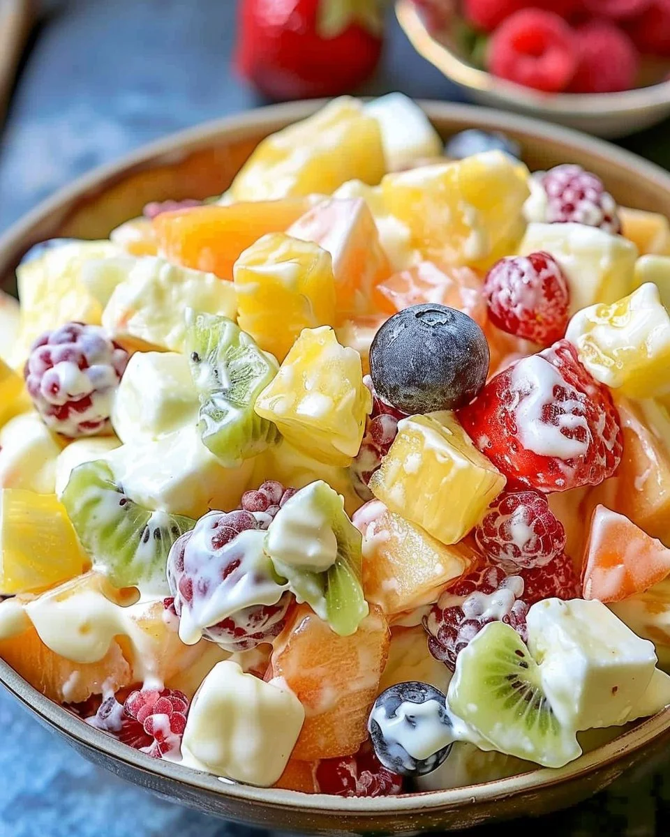 Creamy fruit salad with assorted fresh fruits in a bowl