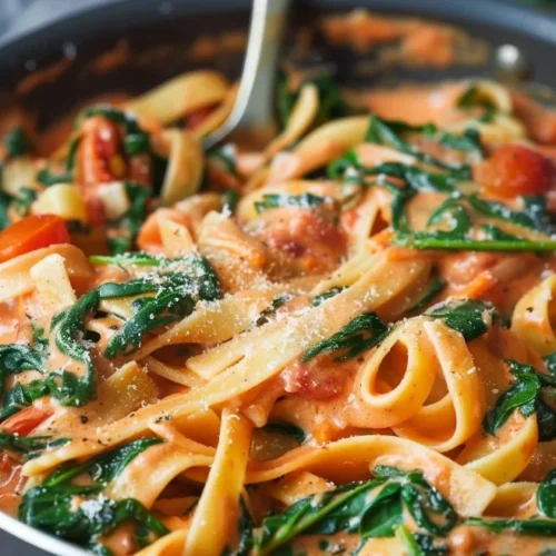 Creamy spinach tomato pasta served in a bowl with fresh herbs