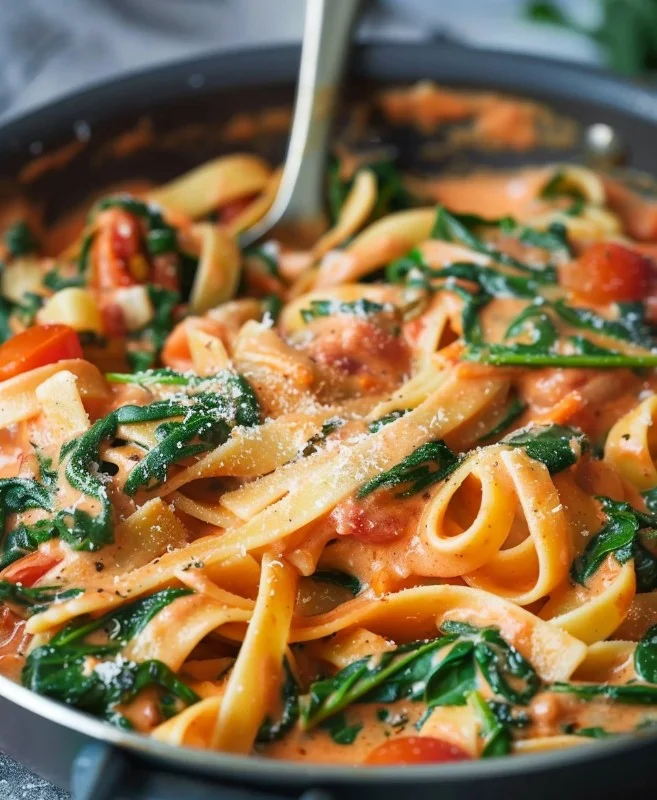 Creamy spinach tomato pasta served in a bowl with fresh herbs